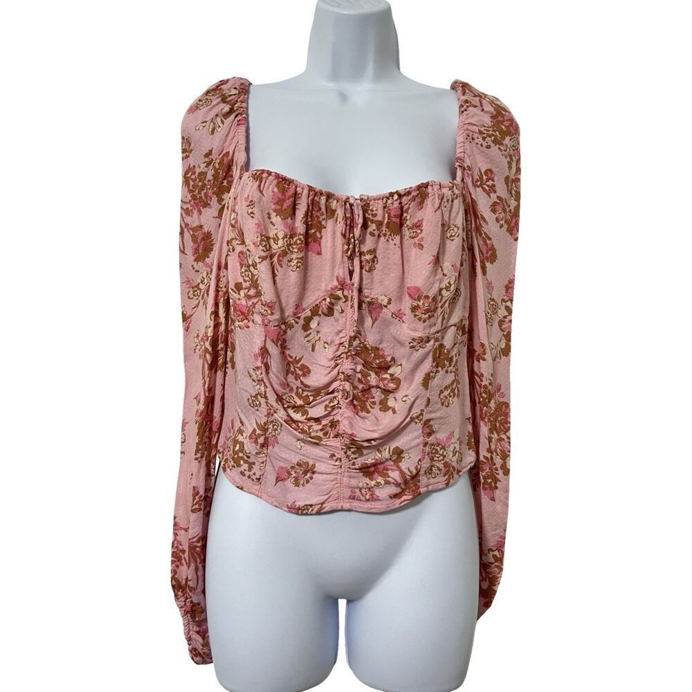 Free People Hilary Smocked Floral Babydoll Top Size L Pink Coquette‎ Milkmaid